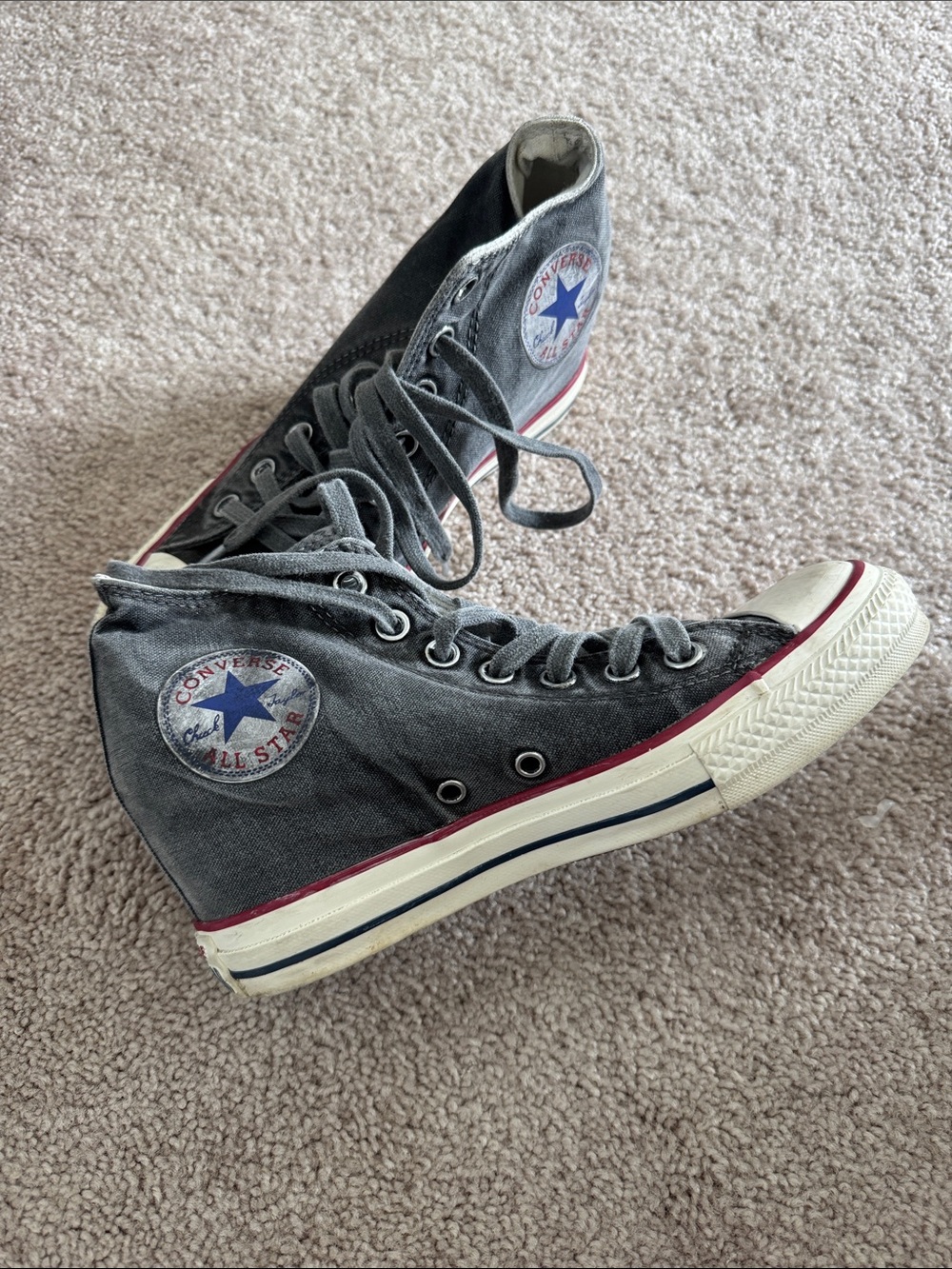 Converse All Star High Top Sneakers - Charcoal Gray with White and Red Accents